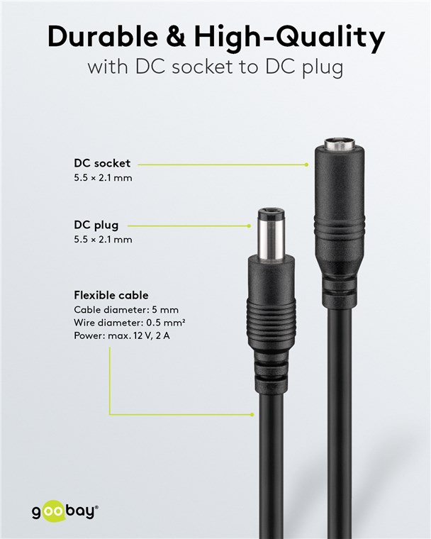 Līdzstrāvas pagarinājuma kabelis, 5 m 5,5x2,1 mm melns 2x0,5 mm² max 24 VDC 120 W